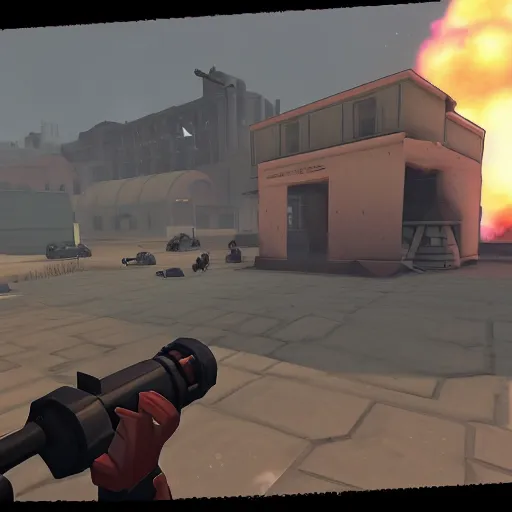 Prompt: Heavy in TF2 dustbowl, firing a minigun