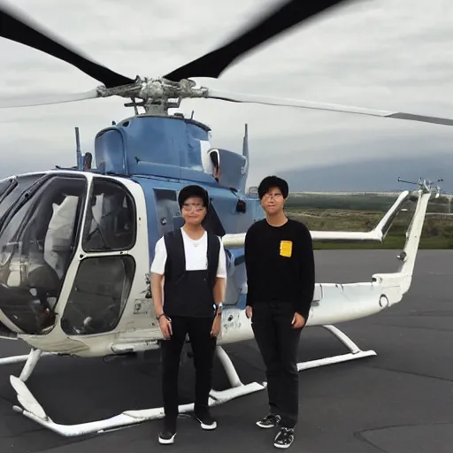 Image similar to painting of blonde swedish guy and tall korean guy in front or robinson helicopter