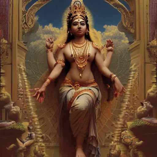 Image similar to Hindu Goddess as a fullbody, intricate, cute, highly detailed, happiness, adorable, artstation, concept art, smooth, sharp focus, illustration, art by greg rutkowski and orientalism and bouguereau and Zdzislaw Beksinski, good clear quality, lighting, biology, symmetrical artwork, perfect face, 135 mm, cinematic, hyper realism, high detail, octane render, 8k, chrome accents