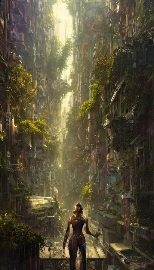 Image similar to hyper realistic cyberpunk city, overtaken by lush plants, gnarly trees by tom bagshaw, mucha, gaston bussiere, craig mullins, j. c. leyendecker 8 k