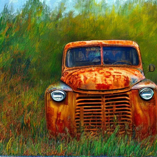 Image similar to Realistic impressionist painting of an old rusty pickup truck overrun by kudzu