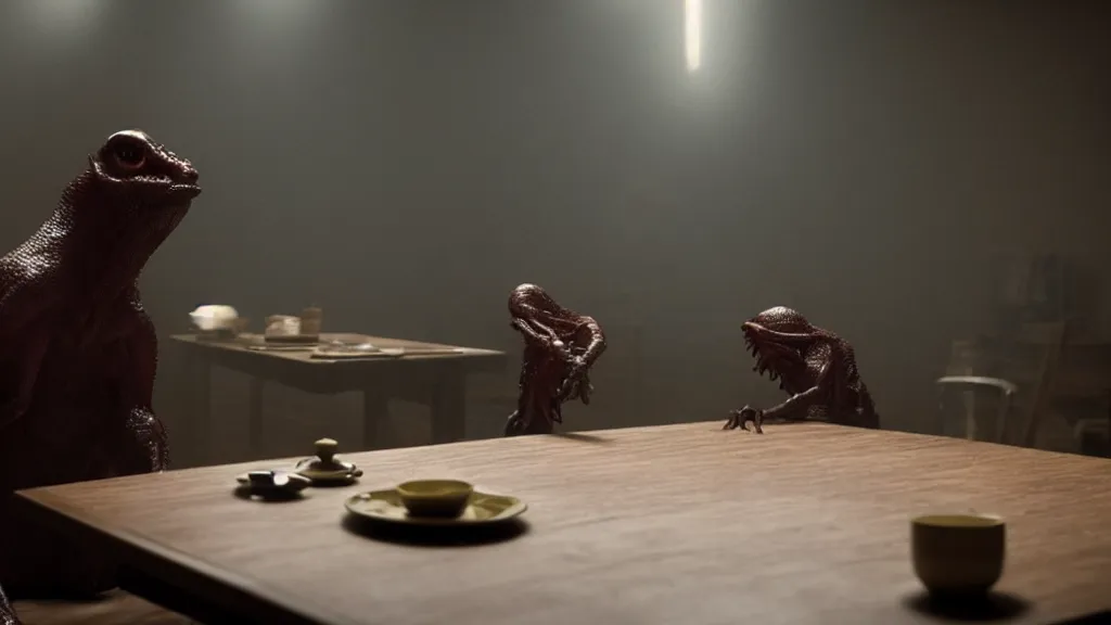 Prompt: a strange creature sits at a table, film still from the movie directed by Denis Villeneuve with art direction by Wayne Barlowe wide lens