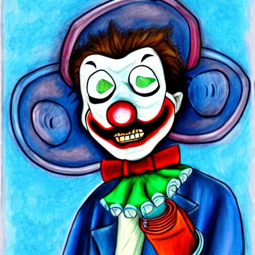 Prompt: a drawing of a clown with a stethoscope and blue shirt, face paint, a character portrait, trending on deviantart, neoplasticism, creepypasta, freakshow, macabre, white background
