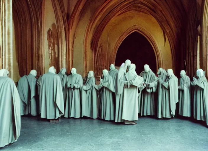 Prompt: humanoid alien robed benedictine monks sing in a stone gothic monastery kodak portra ektachrome