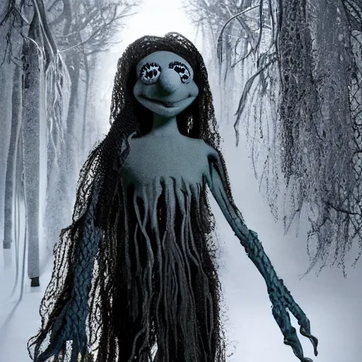 Image similar to humanoid ethereal ghostly live action muppet wraith like figure with a squid shaped parasite overtaking its head with two arms and four long tentacles for arms growing from its back that flow gracefully at its sides while it floats around the frozen woods searching for lost souls and that hide in the shadows in the trees, this character can control the ice, snow, shadows, and electricity, it is a real muppet by sesame street, photo realistic, real, realistic, felt, stopmotion, photography, sesame street