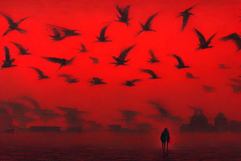 Image similar to only with red, a red dystopic knight, venice, flock of birds in the red sky, in the style of beksinski, parts by edward hopper, parts by rodcenko, parts by yue minjun, intricate and epic composition, red by caravaggio, insanely quality, highly detailed, masterpiece, red light, artstation, 4 k