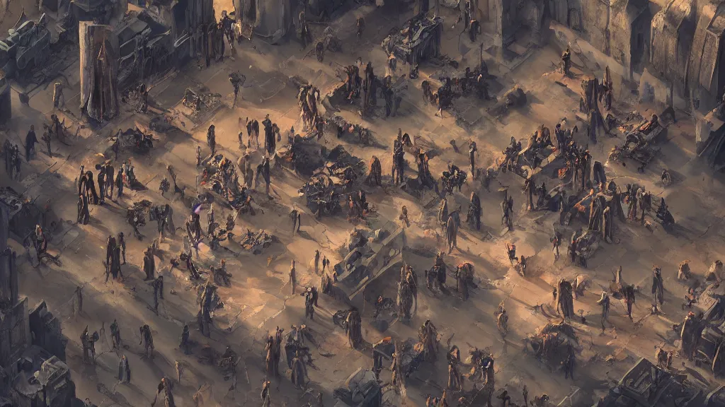 Prompt: aerial view of a group of robot cultists in robes gathering in the desert, robot occult, beautiful fantasy cyberpunk oil painting, dark foreboding magical atmosphere, cinematic lighting, matte painting, masterpiece