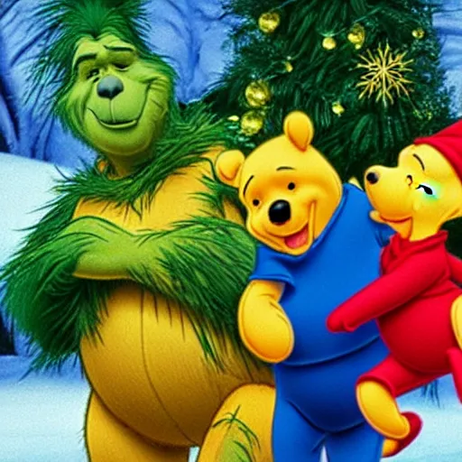 Image similar to winnie the pooh as the grinchfrom, winnie the pooh cast as the grinch