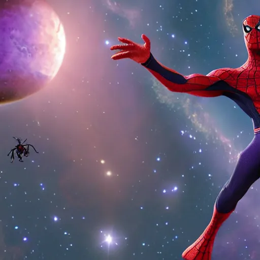 Prompt: thanos fighting spider man in space photo realistic