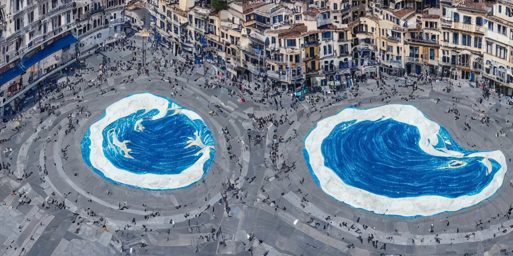 Image similar to A white and blue marble sculpture of The Great Wave off Kanagawa in the middle of an empty Italian piazza, midday, 4k photograph, sunny day, long shot, overhead view, far away