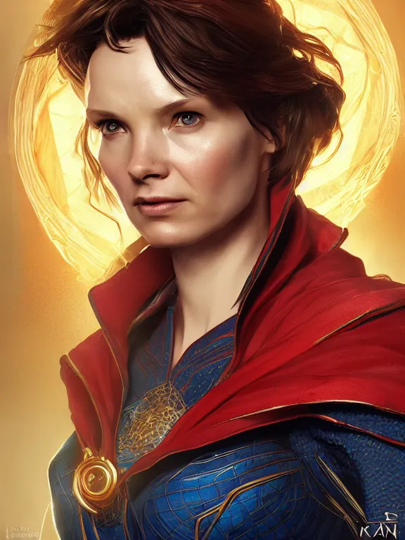 Image similar to female doctor strange, au naturel, hyper detailed, digital art, trending in artstation, cinematic lighting, studio quality, smooth render, unreal engine 5 rendered, octane rendered, art style by klimt and nixeu and ian sprigger and wlop and krenz cushart