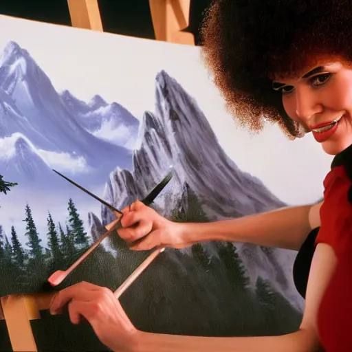 Image similar to a closeup photorealistic photograph of bob ross working on a canvas painting of wonder woman. film still. brightly lit scene. mountains and trees. this 4 k hd image is trending on artstation, featured on behance, well - rendered, extra crisp, features intricate detail, epic composition and the style of unreal engine.