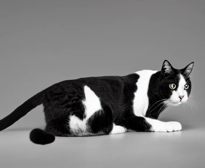 Prompt: 4 k hd, high detail photograph of black and white thin cat, shot with sigma f / 4. 2, 2 5 0 mm sharp lens, wide shot, consistent, isometric view, volumetric lighting, high level texture render