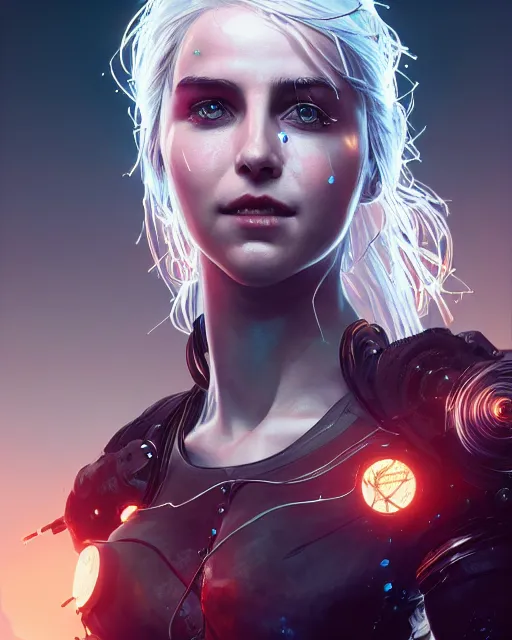 Image similar to portrait of ciri as a cyborg. intricate abstract. intricate artwork. by Tooth Wu, wlop, beeple, dan mumford. octane render, trending on artstation, greg rutkowski very coherent symmetrical artwork. cinematic, hyper realism, high detail, octane render, 8k, iridescent accents