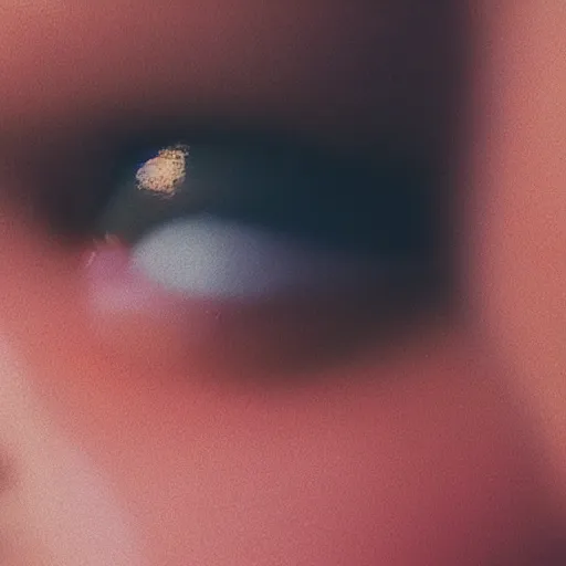 Image similar to A close-up of a woman’s face, captured in low light with a soft focus. There is a gentle pink hue to the image, and the woman’s features are lightly blurred. Cinestill 800t