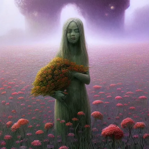 Prompt: detailed spirit creature with eyes in the flowers at night made by zdzisław beksinski, beautiful scene, detailed, high quality, high details, smooth, ghibli artstyle, 8 k, guy