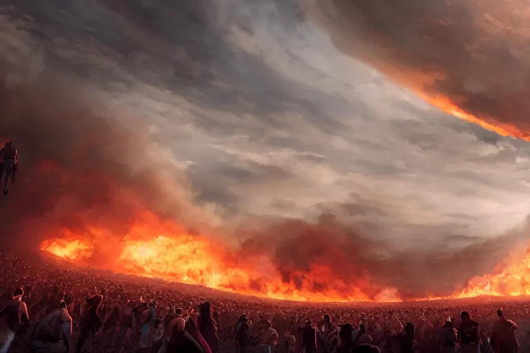 Prompt: meteors fall from the red sky upon a burning football stadium, crowds panic, cinematic lighting by jessica rossier