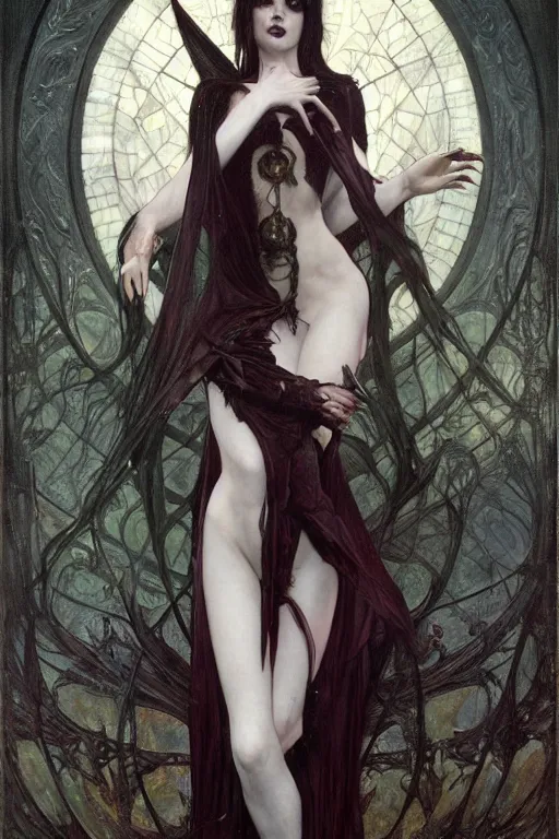 Image similar to masterpiece painting of stunning vampiric succubus girl by donato giancola, h. r. giger and tom bagshaw, face by artgerm and edmund leighton, background by james jean and alphonse mucha, 8 k, gothic horror, majestic, volumetric lighting, porcelain skin, art deco, trending on pixiv