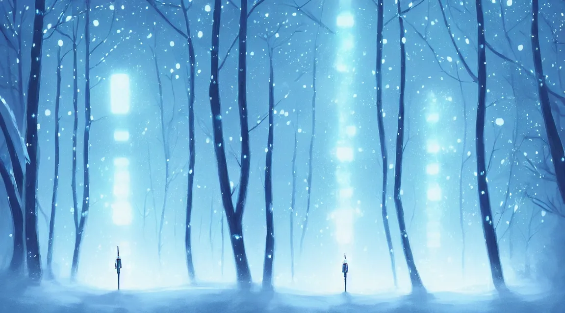 Prompt: a glossy white futuristic robot stands in the middle of a forest of softly glowing blue trees at night. snowing. snowy. icy. the sky above has many stars. cyril roland. naomi okubo. rossdraws. trending on artstation. digital painting.