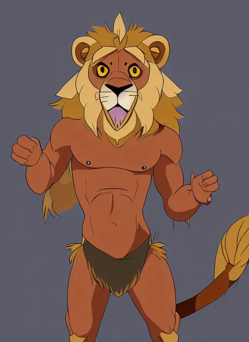 Image similar to digital painting of a lion wearing a loincloth, fursona, furry art, stylized, cel shaded, ultra detailed, anime key visual, wlop