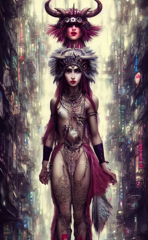 Image similar to hyper realistic Princess Mononoke, ornate mask magic, wet market street, cyberpunk metropolis, city landscape, jewels, full body pose, full moon, style of tom bagshaw, mucha, james gurney, norman rockwell, denoised, sharp