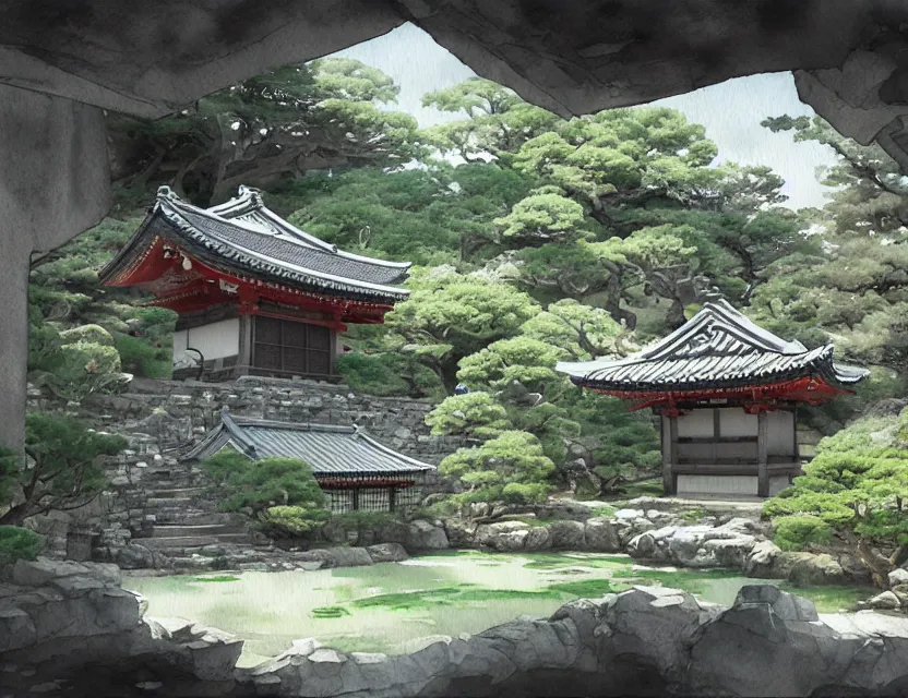 Prompt: japanese garden in a fortress. this watercolor painting by the award - winning concept artist has cinematic lighting, an interesting color scheme and intricate details.