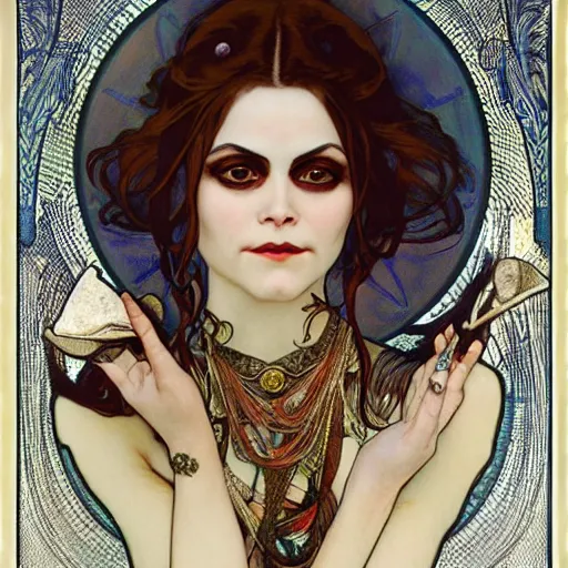 Prompt: realistic detailed face portrait of Vamp Theda Bara by Alphonse Mucha, Ayami Kojima, Amano, Charlie Bowater, Karol Bak, Greg Hildebrandt, Jean Delville, and Mark Brooks, Art Nouveau, Neo-Gothic, gothic, rich deep colors