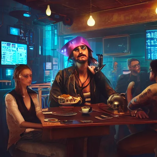 Image similar to a high quality portrait of a pirate in a cyberpunk cafe realism 8k