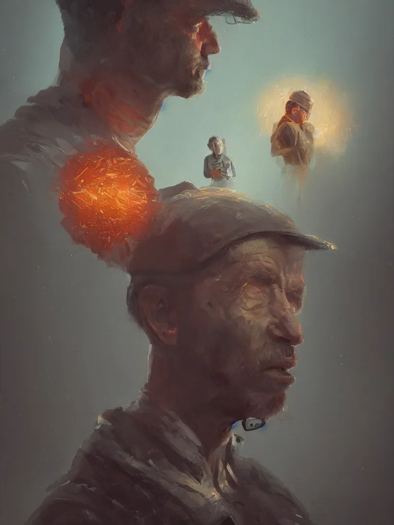 Image similar to a portrait of a man whose head explodes in a painting from stalenhag, 4 k, 8 k, hdr, artstation, concept art