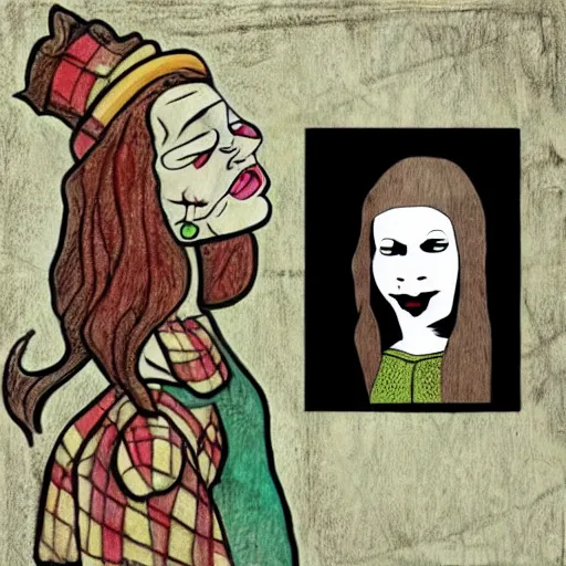 Prompt: grunge drawing of a happy mona lisa in the style of loony toons | horror themed | pennywise style