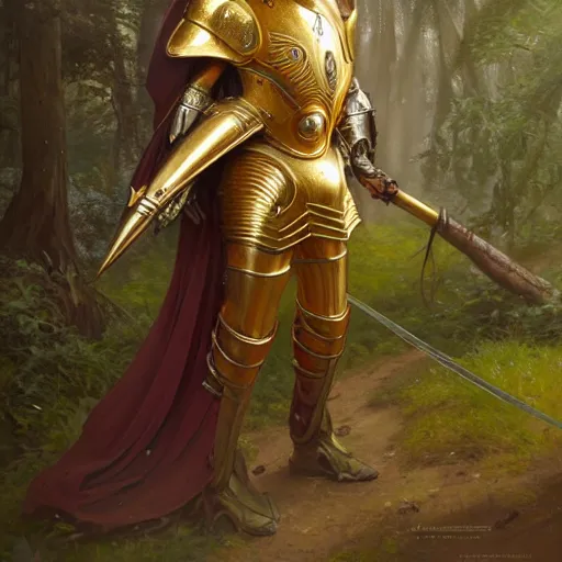 Image similar to photo of a humanoid ant - eater dressed in armor with a golden helmet on the head, hold sword in the forest, highly detailed, digital painting, artstation, smooth, sharp focus, illustration, art by artgerm and greg rutkowski and alphonse mucha