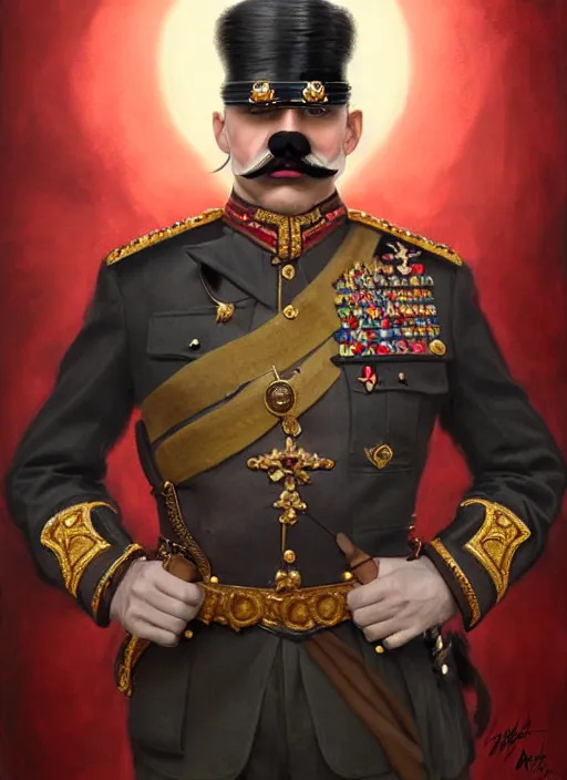 Image similar to portrait of supreme leader bald eye patch, moustache, royalty, extravagant, lord, full body, military uniform, fantasy, intricate, elegant, beautiful, highly detailed, charcoal, centered, dark, smokey, digital painting, artstation, concept art, art by artgerm and greg rutkowski and alphonse mucha