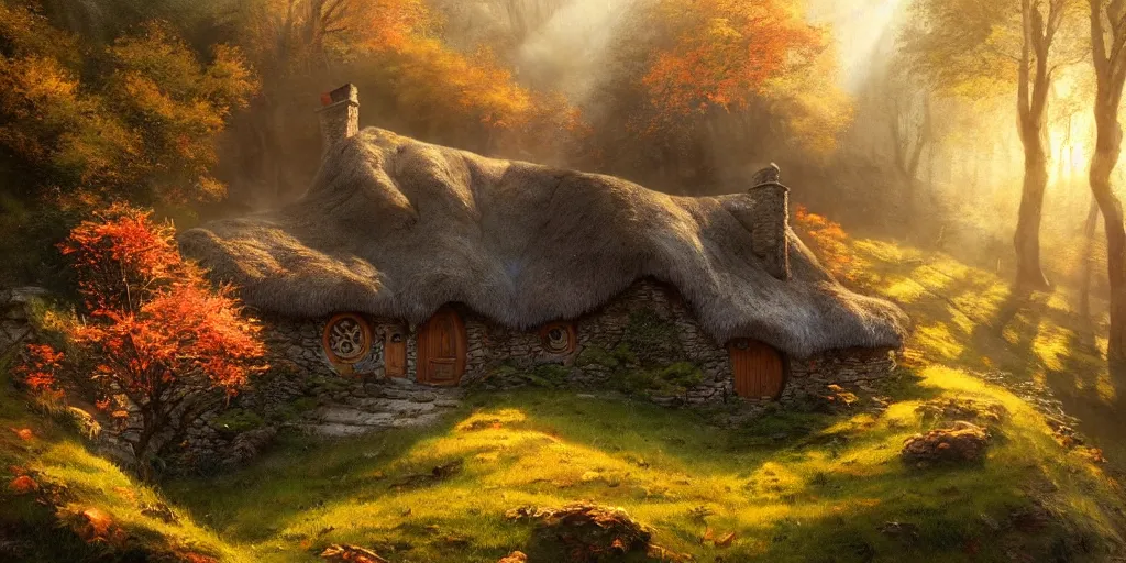 Image similar to a hobbit cottage on top of a steep hill, greg rutkowski, zabrocki, moebius, concept art, highly detailed, autumn sunlights, smoky atmosphere, ( ray of sunlight ), ilya kuvshinov, ossdraws, 8 k, ultra wide angle, zenith view, lens effect