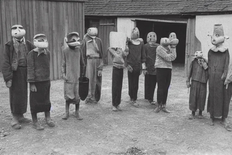 Prompt: vintage photo of villagers wearing weird masks outside a barn by hilla becher, eerie, bizarre, highly detailed shot, dramatic 8 k uhd