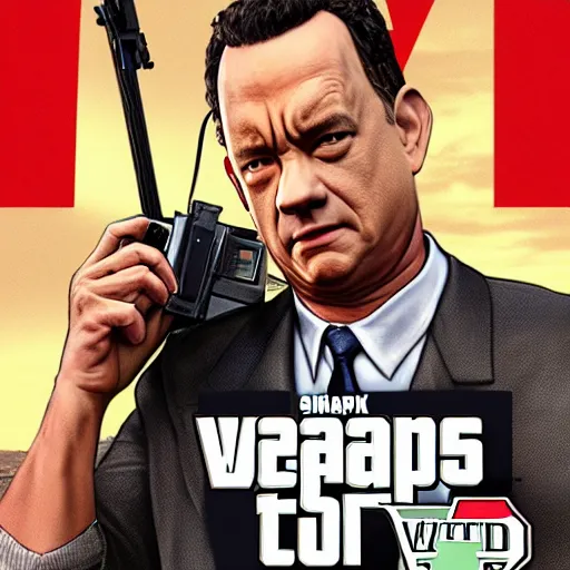 Image similar to tom hanks, gta v cover art, art by stephen bliss, matte painting, sharp focus