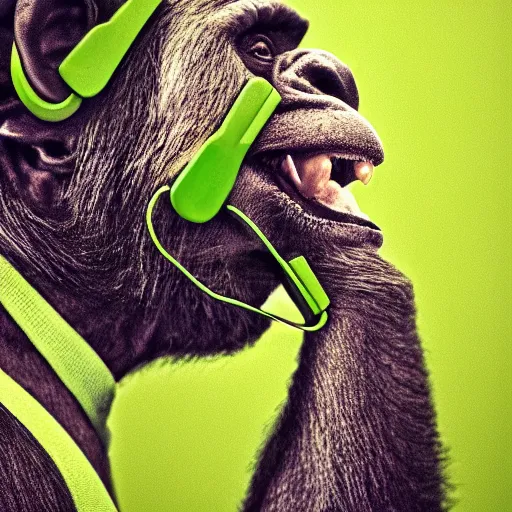 Image similar to a high quality photo of a green chimp wearing headphones, realism, 8k