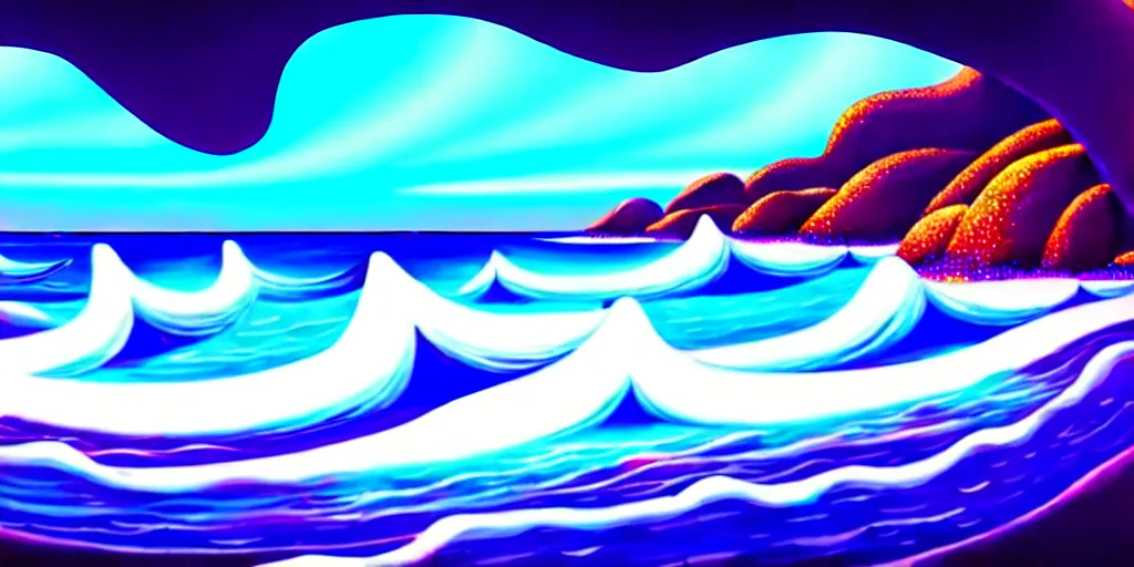 Image similar to a beach shaped like a singing mouth, the waves are made is musical notes, one wave is shaped like the mouths tongue, very colorful painting 8 k trending on art station, intricate details, very realistic, cinematic lighting, volumetric lighting,