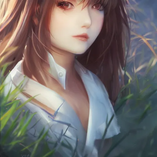 Prompt: girl with uniform and metal wings, serious, finely detailed, made by wlop, artgerm, ross tran, full body portrait, illustration, grass, sunny, sky, anime, front view, perfect anime face, detailed face, zoomed out, smooth,