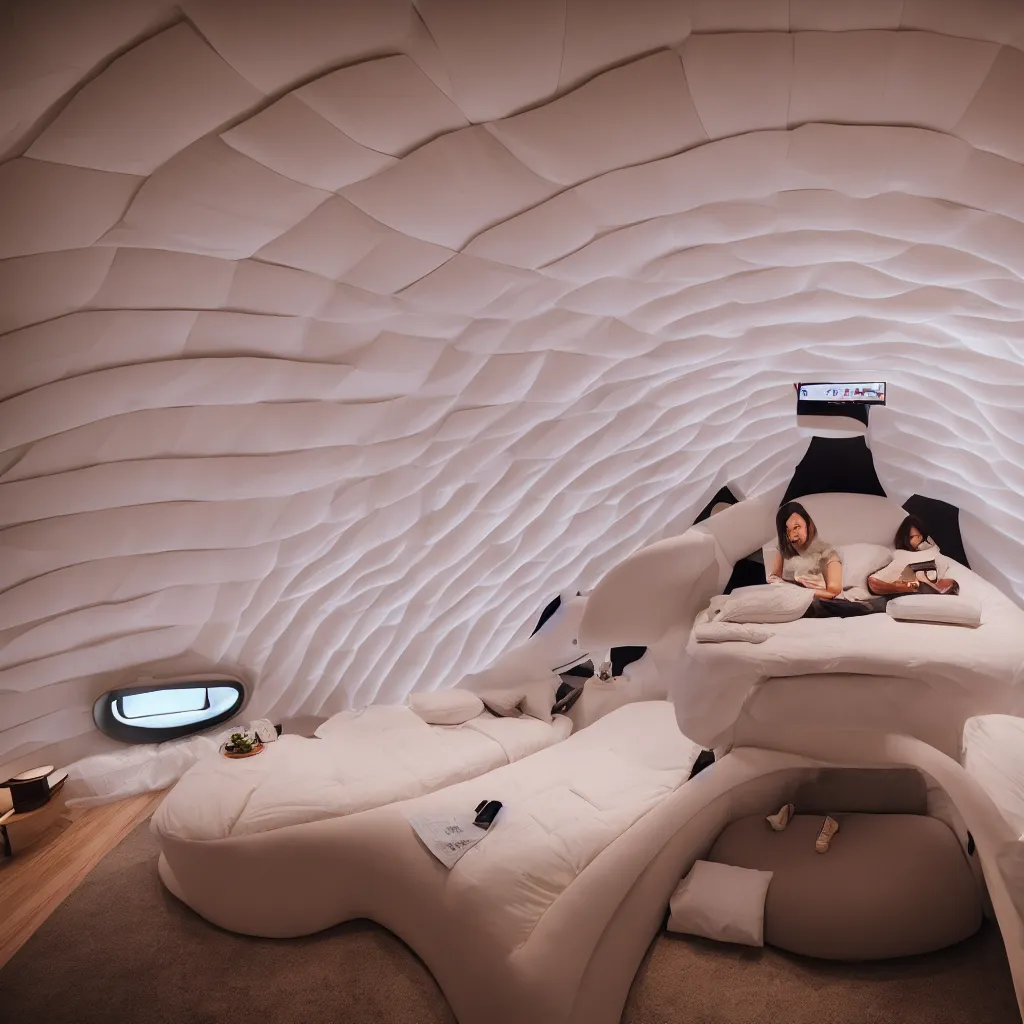 Image similar to inside cozy luxurious curved sleep-pod with wall to wall padding and sound system, warm ambient lighting, XF IQ4, 150MP, 50mm, F1.4, ISO 200, 1/160s, dawn