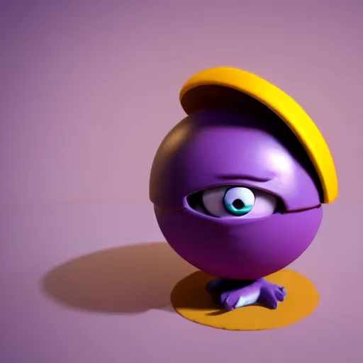 Image similar to photo of a clay model of character with large spherical purple head and tiny eyes with comically tiny body and spindly limbs leans close to the camera, fish eye lens, 4 k, hyper realistic, hyper detailed face, octane render