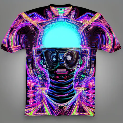 Image similar to mockup of a black tshirt with a hyperdetailed trippy portrait of a atompunk robot by hajime sorayama, 8 k, symetrical, flourescent colors, trippy mood, multicolored,