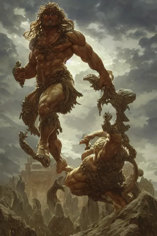 Image similar to portrait of stone henge as a hulking herculean demon, forest, godlike, full body, fantasy, intricate, elegant, highly detailed, digital painting, artstation, concept art, sharp focus, illustration, art by artgerm and greg rutkowski and alphonse mucha