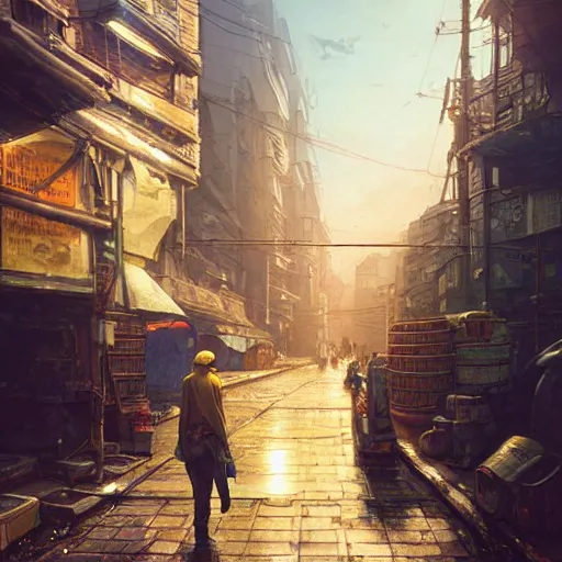 Image similar to A solarpunk very detailed farmer on the street of a very detailed solarpunk city art by Greg Rutkowski, neofuturistic highly detailed, digital art, smooth cyan gold light, sharp focus, Golden Ratio illustration, realistic concept art by Stephen Hickman and James Gurney and Hiromasa Ogura Ghost in the Shell rendered in Octane Render