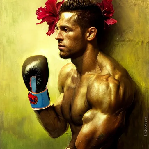 Prompt: handsome portrait of a young guy fitness posing, war hero, flexing, wearing vibrant boxing gloves, surrounded by hibiscus flowers, mma, radiant light, caustics, by gaston bussiere, bayard wu, greg rutkowski, giger, maxim verehin