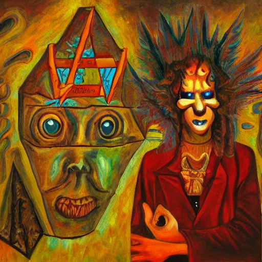 Image similar to portre of an autistic demon on acid, masonic and kabalistic symbols in background, oil painting