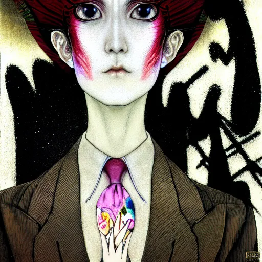 Image similar to yoshitaka amano blurred and dreamy realistic three quarter angle portrait of a woman with weird makeup and black eyes wearing dress suit with tie, junji ito abstract patterns in the background, satoshi kon anime, noisy film grain effect, highly detailed, renaissance oil painting, weird portrait angle, blurred lost edges