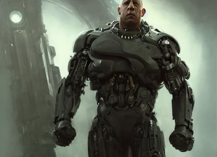 Image similar to vin diesel as victor stone, full body concept, cyborg, borg, strogg, face of a man, terminator, flesh, quake strogg, doom demon, wolfenstein, monstrous, powerful, symmetry, symmetrical, concept art by ruan jia and greg rutkowski