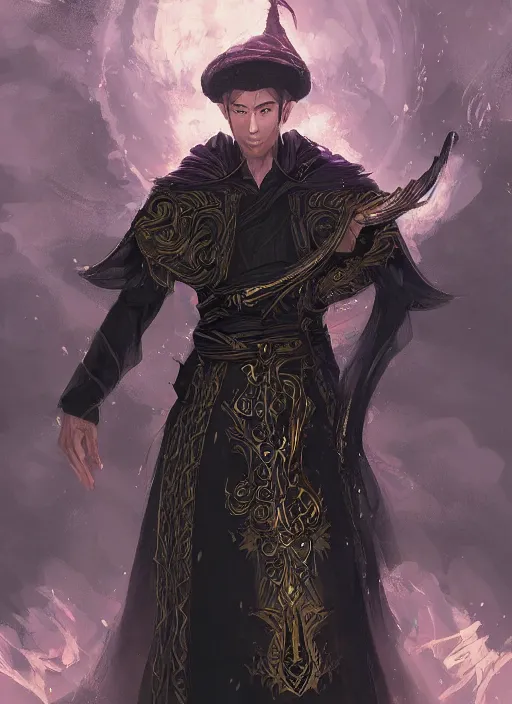 Prompt: a highly detailed illustration of short haired asian man as wizard wearing ornate black robe and mage hat, dramatic magic floating pose, intricate, elegant, highly detailed, centered, digital painting, artstation, concept art, smooth, sharp focus, league of legends concept art, WLOP