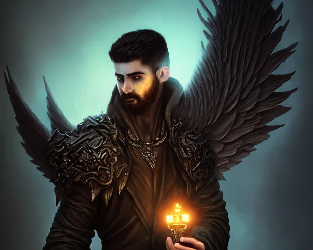 Image similar to dark art blizzard, portrait of fallen man angel with wings with award in his hand, bokeh. dark art masterpiece artstation. 8k, sharp high quality illustration in style of Jose Daniel Cabrera Pena and Leonid Kozienko, concept art by Tooth Wu