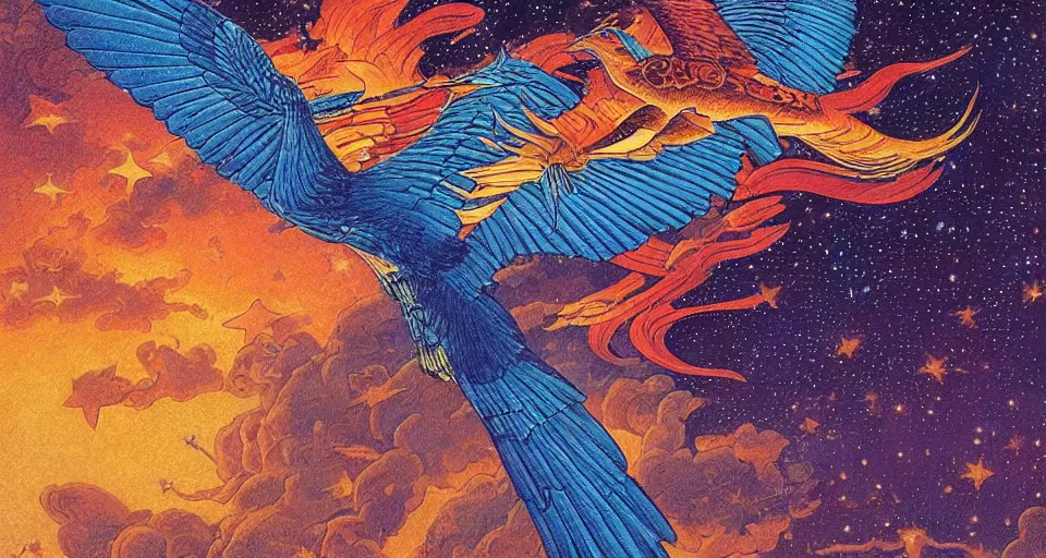 Prompt: A realistic intricate matte painting of a vibrant firebird in flight among falling stars by johfra bosschart and eugène grasset and edmund deluc and ralph horsley, art nouveau, tarot card, trending on artstation, fiery illumination